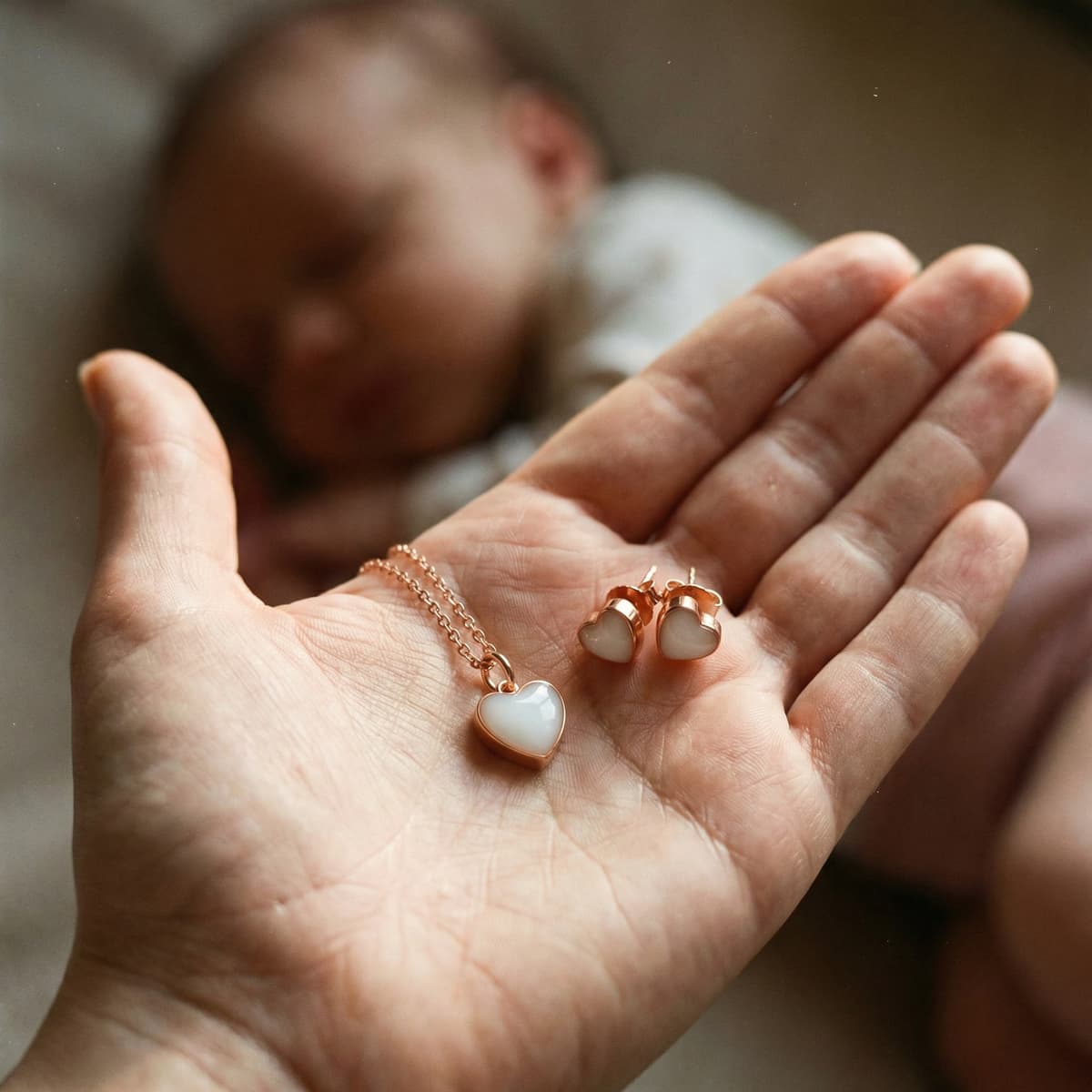 Bijoux en or rose sur la paume d’une mère, pendentif et boucles d’oreilles avec perle lactée, comme souvenir maternel intime, bébé flou en arrière-plan