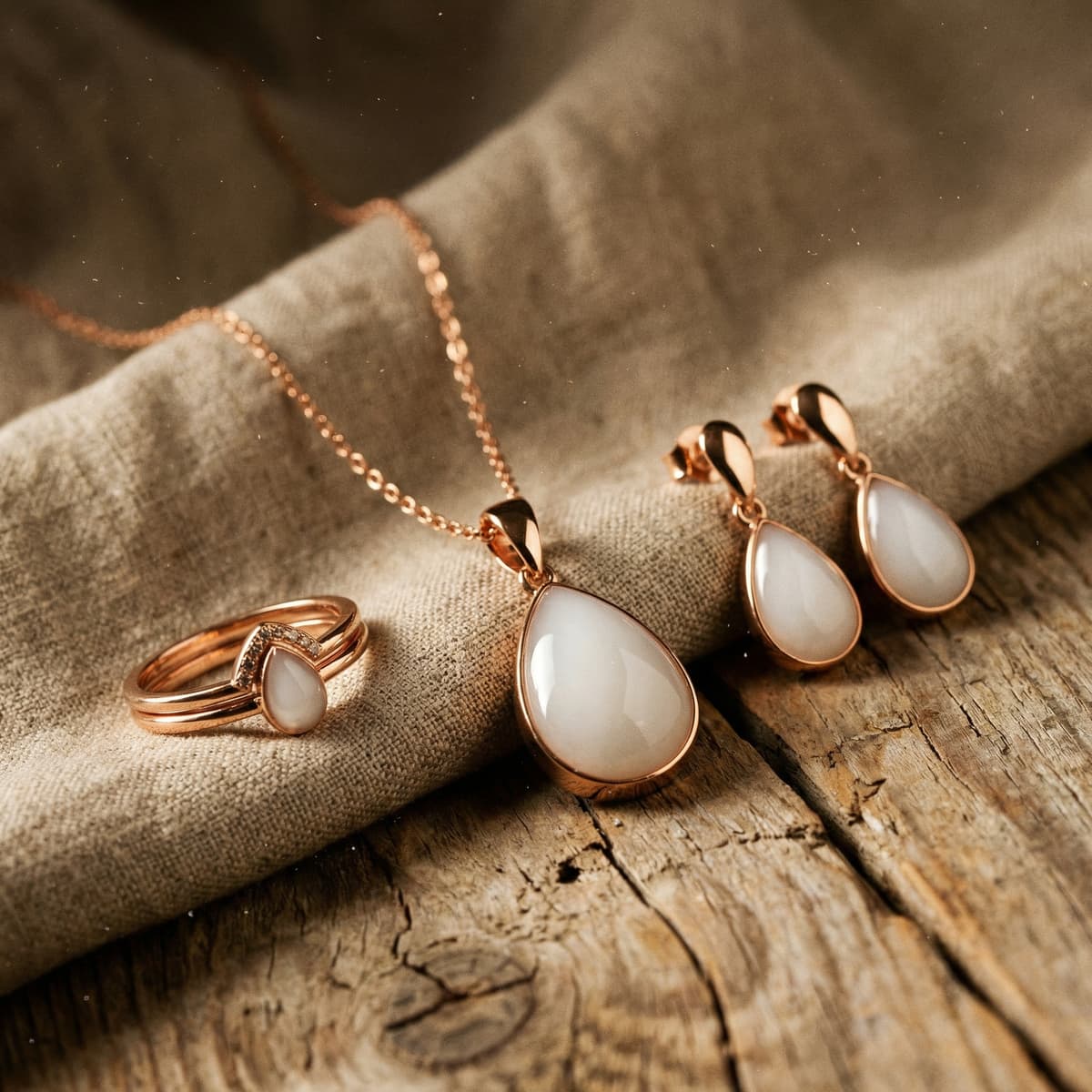 Ensemble de bijoux rose doré avec collier pendentif goutte, boucles d’oreilles et bague ornés d’une pierre lactée blanche, présenté comme un élégant souvenir maternel sur tissu beige et bois rustique.