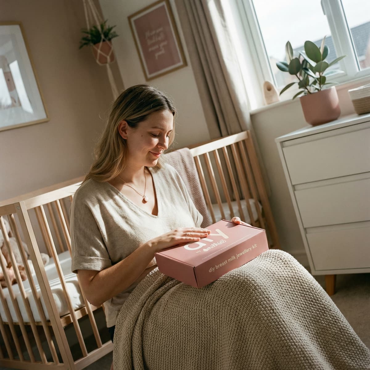 Jeune maman assise dans une chambre de bébé tenant le coffret DIY by MILKIES, une solution pratique et discrète pour créer chez soi un souvenir maternel en bijou de lait maternel.