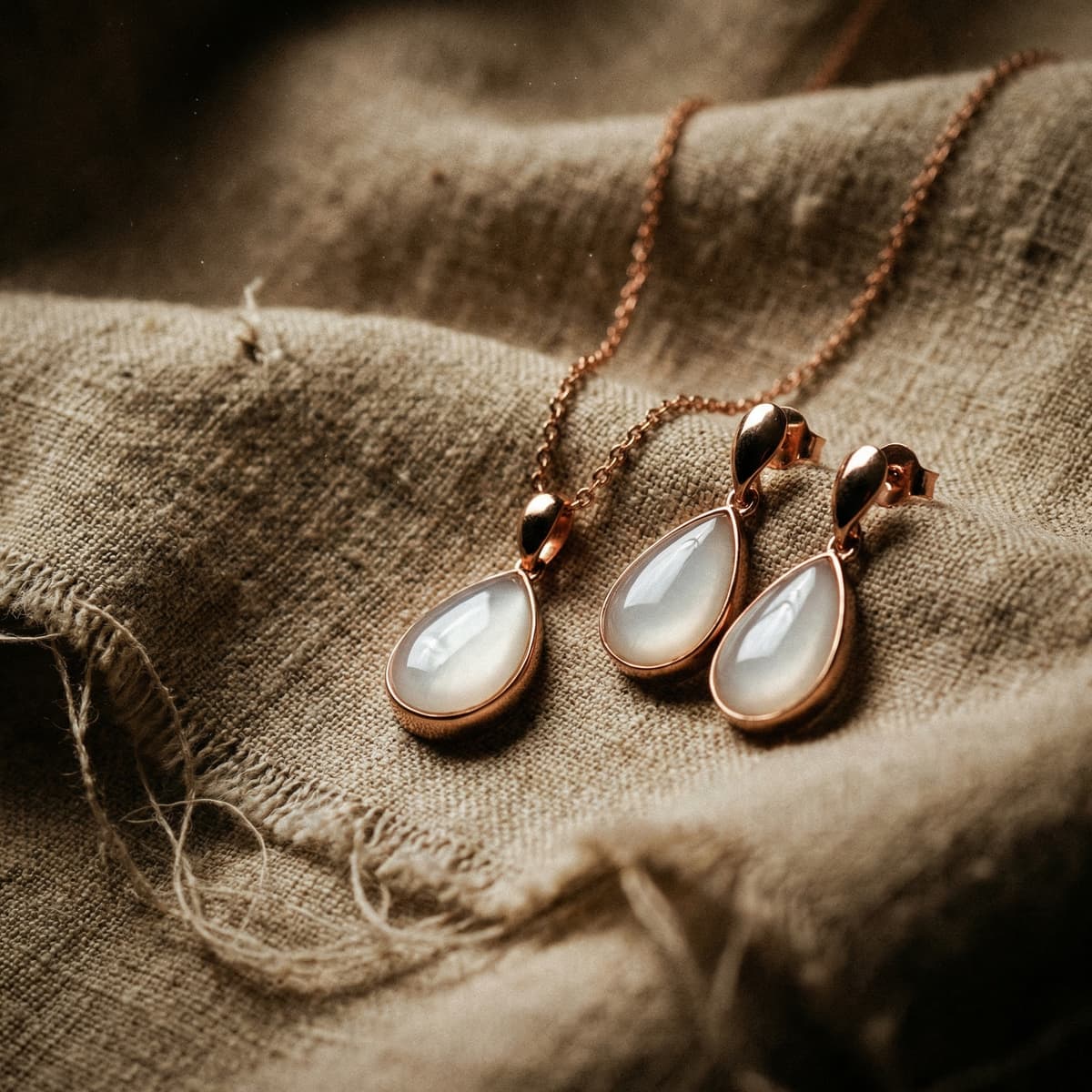 Collier et boucles d’oreilles en métal doré rose avec pendentifs goutte et pierre blanche, un souvenir naissance pour maman présenté sur un tissu naturel beige.
